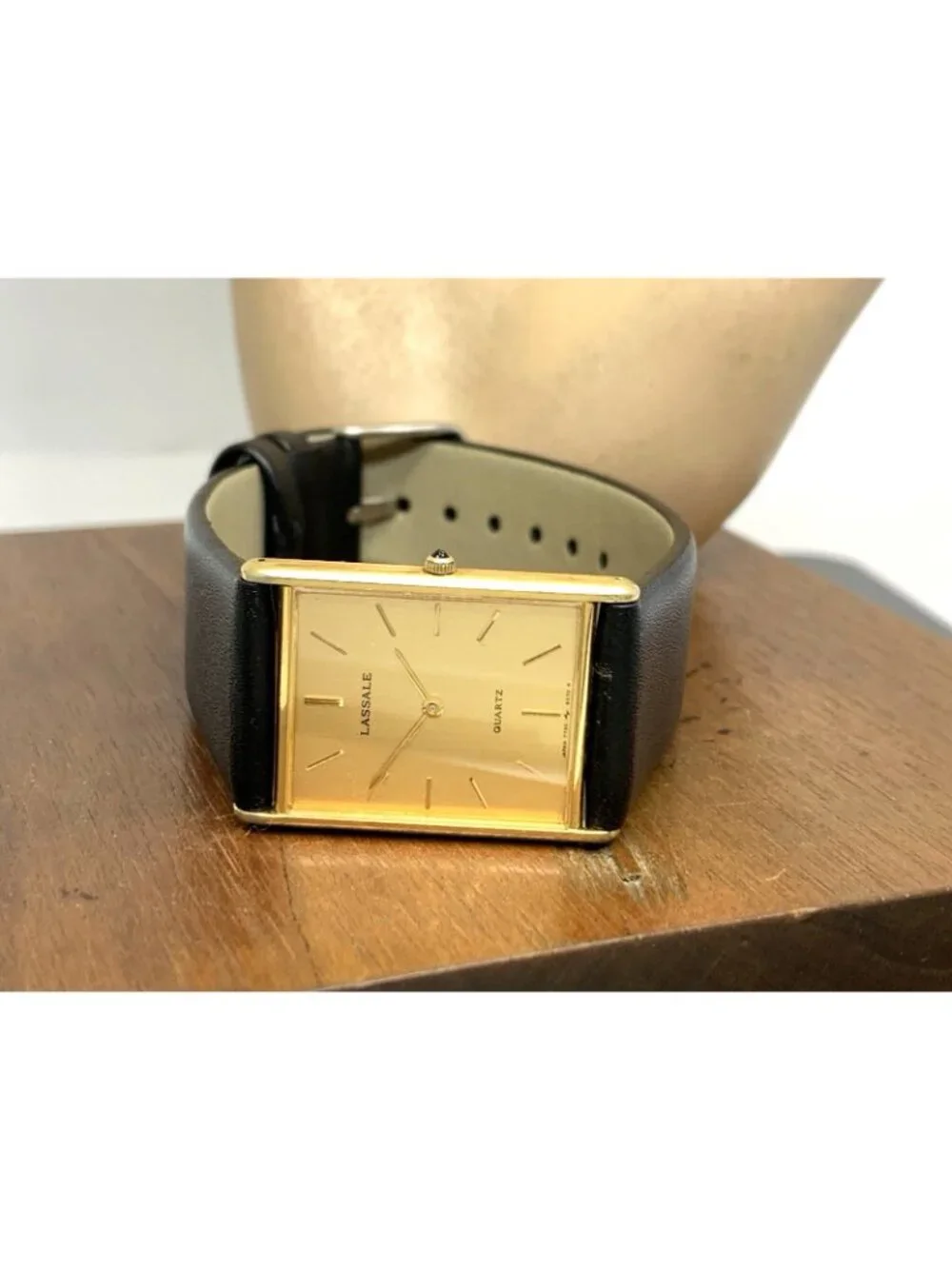 Lassale By Seiko Watch 7730-5059 Quartz Tank Gold Dial Black Leather Strap 23mm